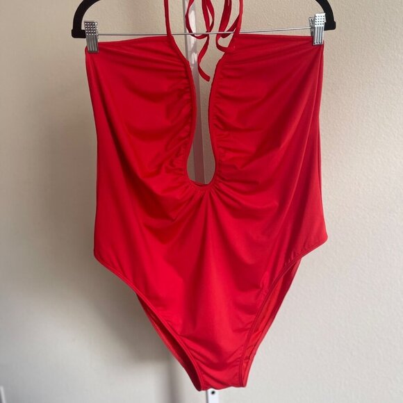 Good American Plus Size Swimsuit Women 4XL Red Halter U Neckline One Piece - Picture 2 of 6